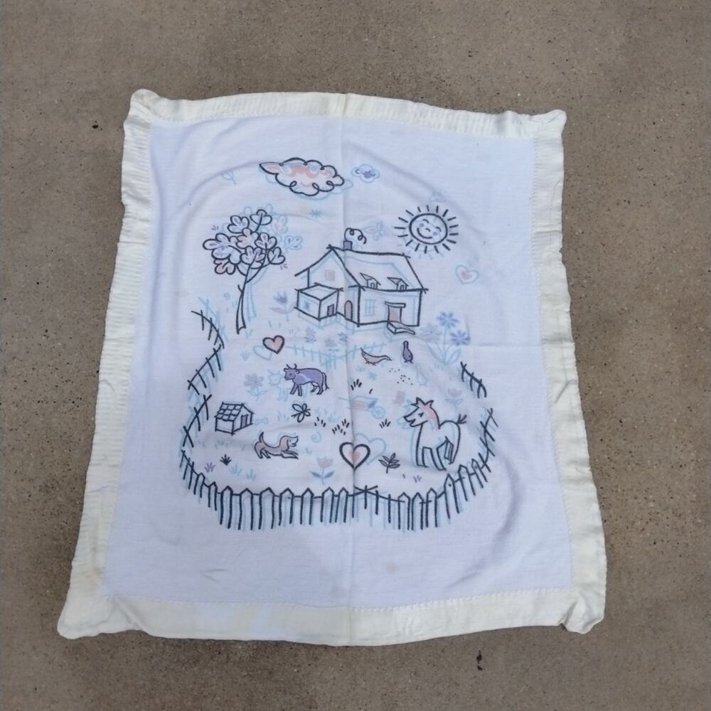Vintage Cotton Baby Blanket Farm House Goose Cow Horse Dog 33x36"